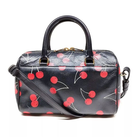 Auth Saint Laurent Calfskin Cherry Print 2way Classic Baby Duffle Bag Black Red - Picture 2 of 15